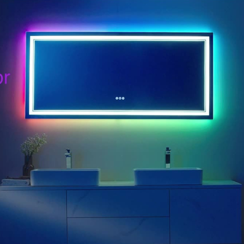 Ultra-thin frameless LED bathroom mirror with anti-fog and memory function, with RGB colorful lights