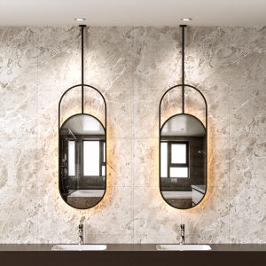 High-end Commercial Mirror with LED Light and Heating - Customizable Sizes, Black Wrought Iron Hanging Mirror