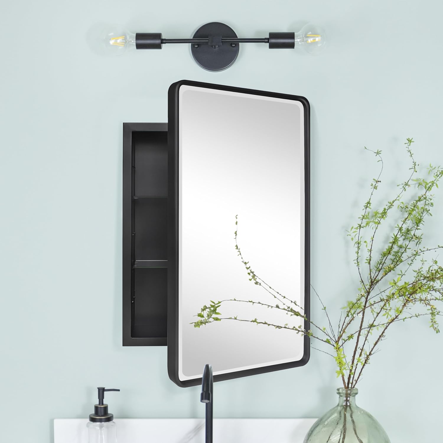 Built-in medicine cabinet mirror – flush-mount and surface-mount, adjustable hardware shelf, built-in shaver plug
