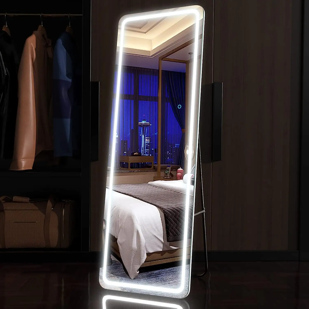 Wall-Mounted Makeup Mirror with Dimmable LEDsFull-Length Illuminated Mirror for Gym/Home Workouts – High Definition, Modern LED Lighting, Aluminum FrameWall-Mounted Makeup Mirror with Dimmable LEDs