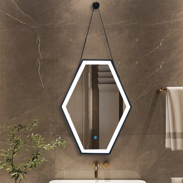 Octagonal bathroom mirror with frame, adjustable LED light, anti-fog, light touch control